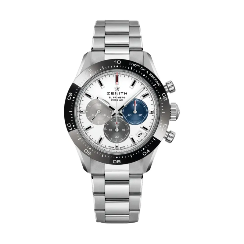 Zenith Chronomaster Sport 41mm white dial on stainless steel bracelet.