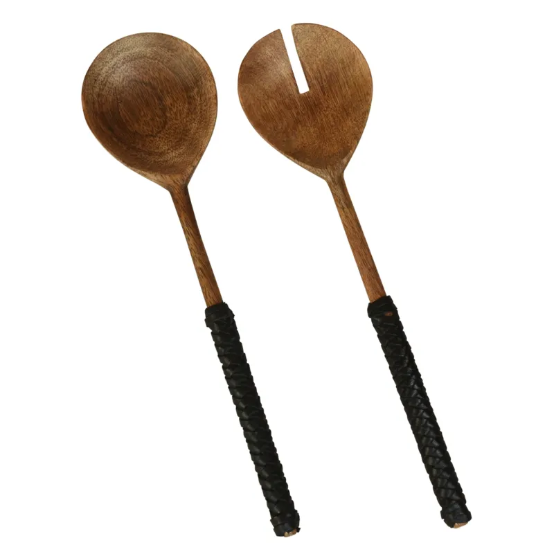Burke Salad Servers, Wood & Black Leather Set Of 4 By HomArt | Kitchen Accessories | Modishstore