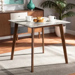 Baxton Studio Kaylee Mid-Century Modern Transitional Walnut Brown Finished Wood Dining Table with Faux Marble Tabletop | Modishstore | Dining Tables