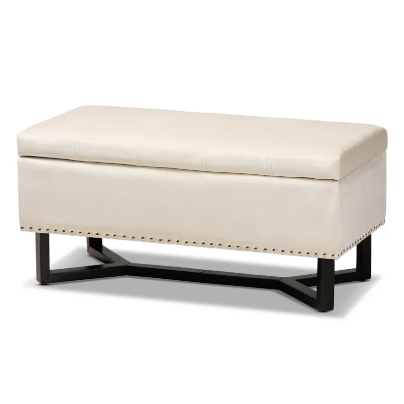 Baxton Studio Esther Modern and Contemporary Beige Velvet Fabric Upholstered and Dark Brown Finished Wood Storage Ottoman | Ottomans | Modishstore