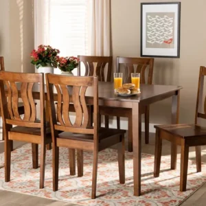 Baxton Studio Zamira Modern and Contemporary Transitional Walnut Brown Finished Wood 7-Piece Dining Set | Modishstore | Dining Sets