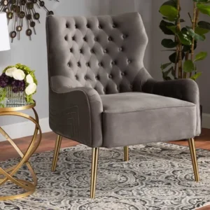 Baxton Studio Nelson Modern Luxe and Glam Grey Velvet Fabric Upholstered and Gold Finished Metal Armchair | Armchairs | Modishstore