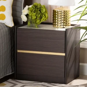 Baxton Studio Walker Modern and Contemporary Dark Brown and Gold Finished Wood Nightstand with Faux Marble Top | Nightstands | Modishstore