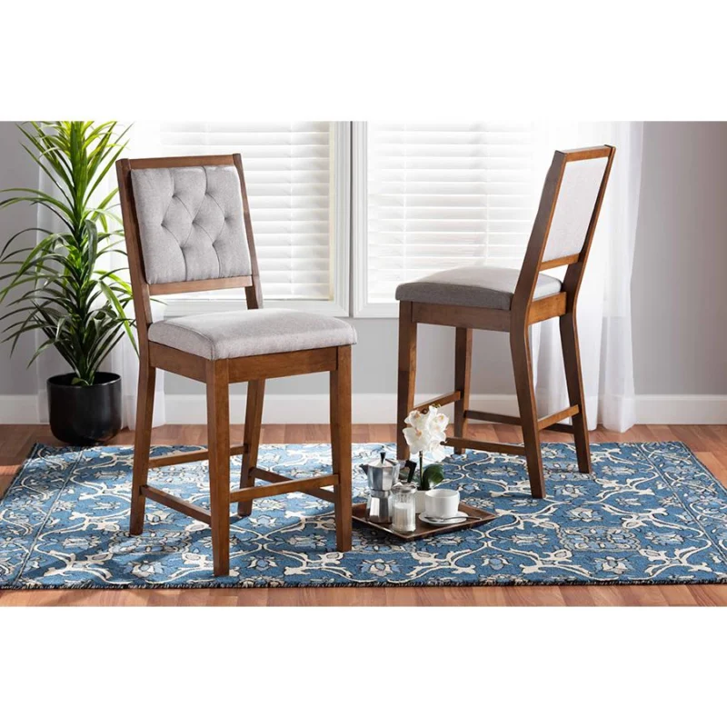Baxton Studio Gideon Modern and Contemporary Grey Fabric Upholstered and Walnut Brown Finished Wood 2-Piece Counter Stool Set | Counter Stools | Modishstore