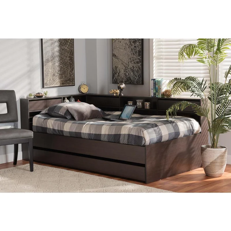 Baxton Studio Faraday Modern and Contemporary Dark Brown Finished Wood Twin Size Platform Storage Corner Bed | Beds | Modishstore