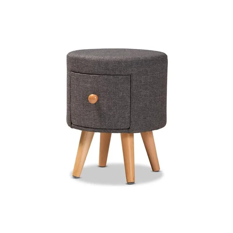 Baxton Studio Rocco Modern Transitional Dark Grey Fabric Upholstered and Oak Brown Finished Wood 1-Drawer Ottoman Stool | Ottomans | Modishstore