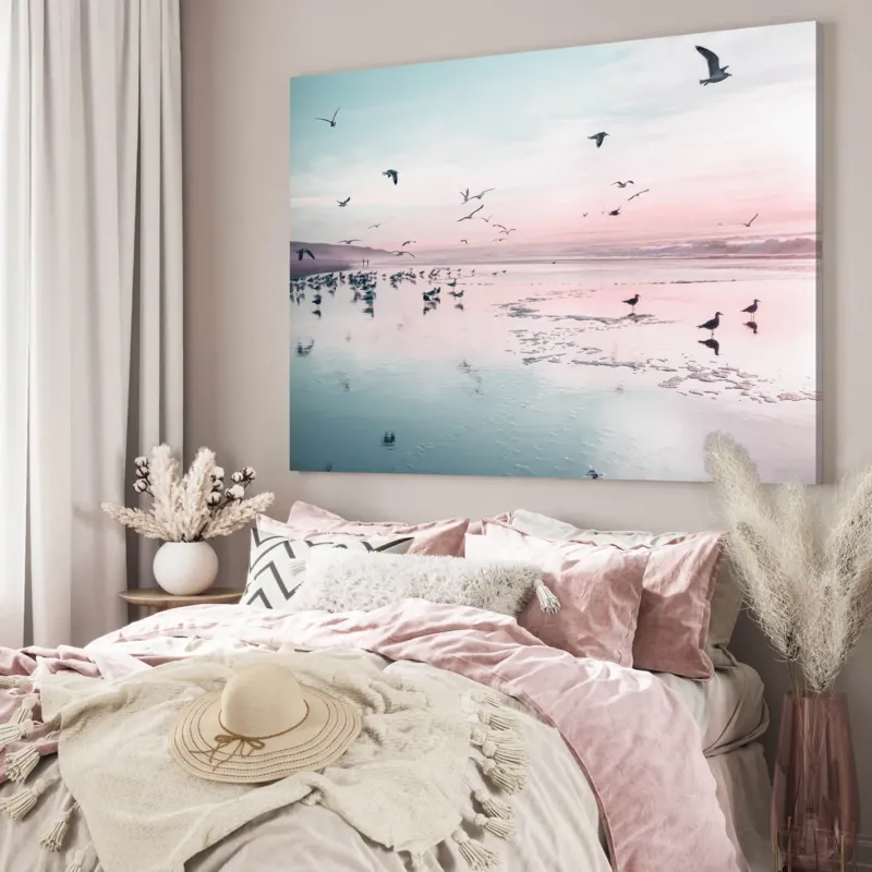 Ljuddämpande tavla - Birds and pink sunset