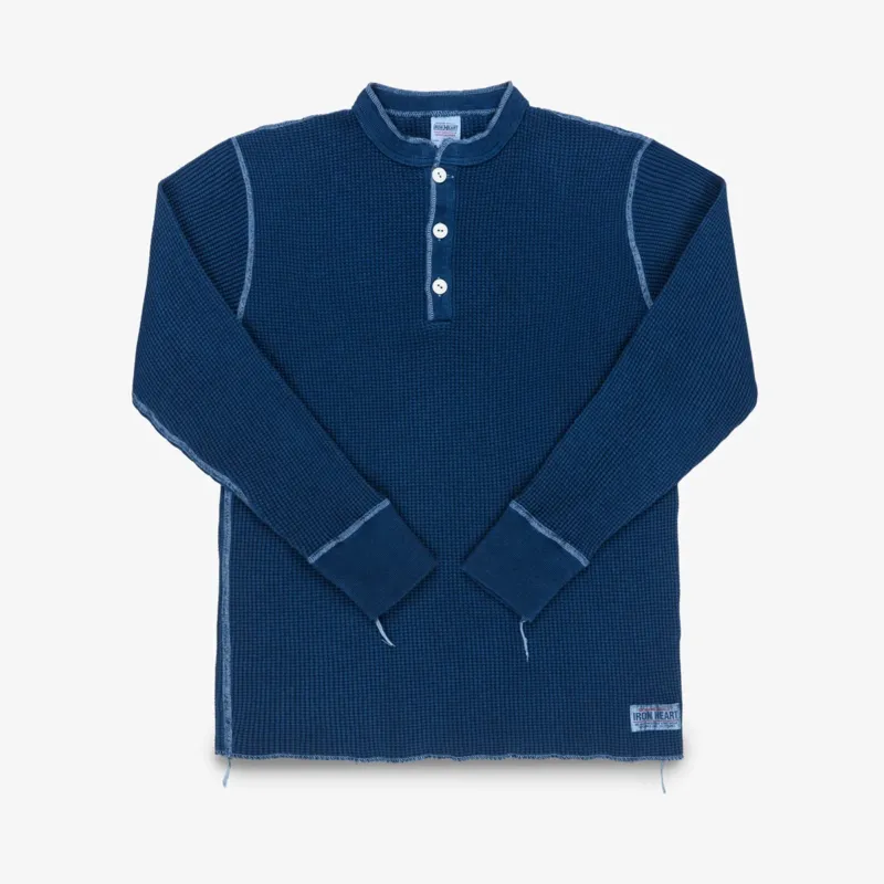 IHTL-1213-IND - Waffle Knit Long Sleeved Thermal Henley - Indigo Dyed