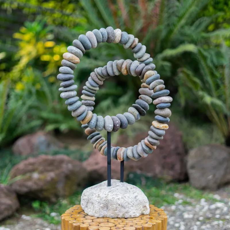 Beach Pebble Double Ring on Stand Set of 2 By Garden Age Supply | Sculptures | Modishstore - 1