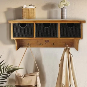 Brown Rustic Wooden Wall Shelf with 3 Drawers and Hooks By Homeroots | Shelves & Shelving Units | Modishstore