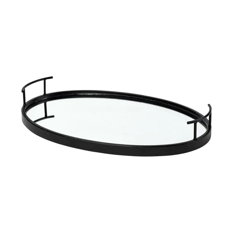 Matte Black Metal With Two Handle Both Sides And Mirrored Glass Bottom Tray By Homeroots | Trays | Modishstore