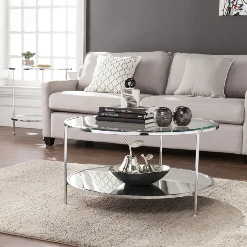 26" Chrome Glass And Iron Round Mirrored End Table With Shelf By Homeroots | End Tables | Modishstore