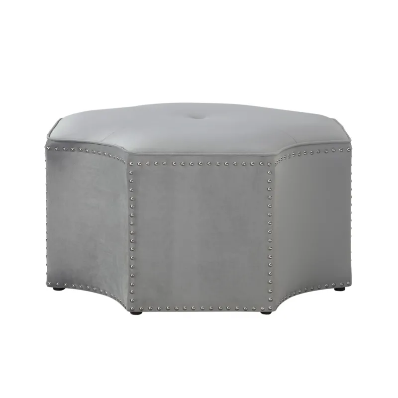 Gray Velvet Tufted Octagonal Cocktail Ottoman By Homeroots | Ottomans | Modishstore - 1