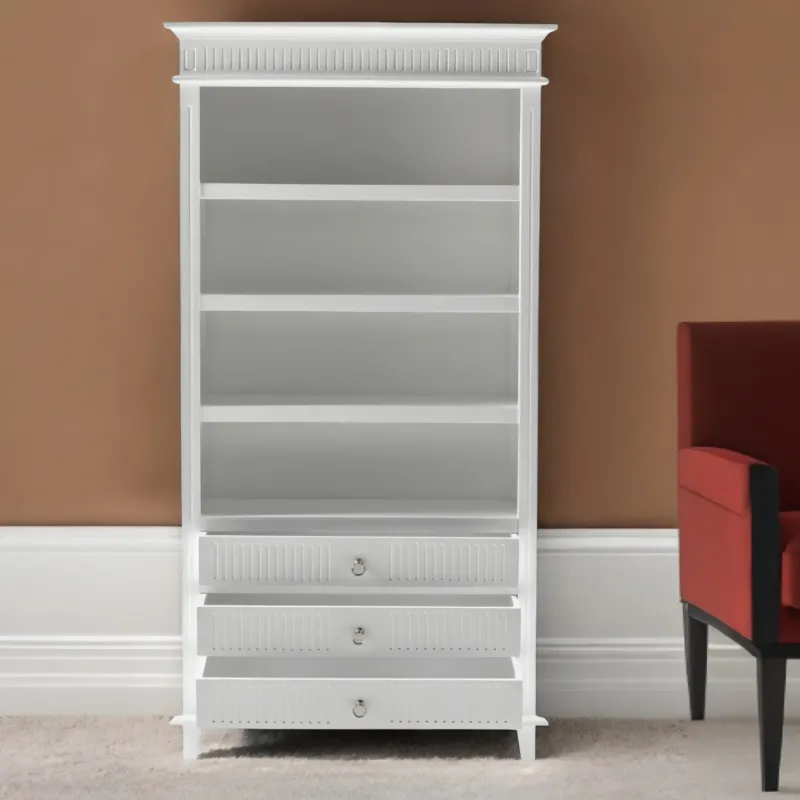 Antiqued White Solid Wood Four Tier Bookcase with Three Drawers By Homeroots | Bookcases | Modishstore - 1
