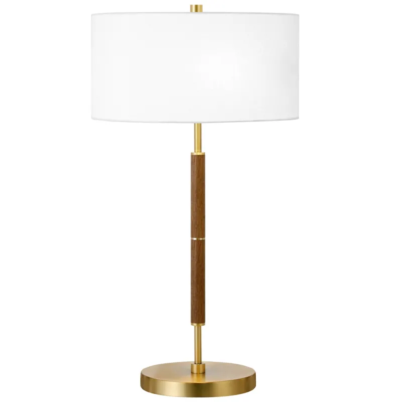 Gold and Oak Metal Two Light Table Lamp With White Drum Shade By Homeroots | Table Lamps | Modishstore - 1