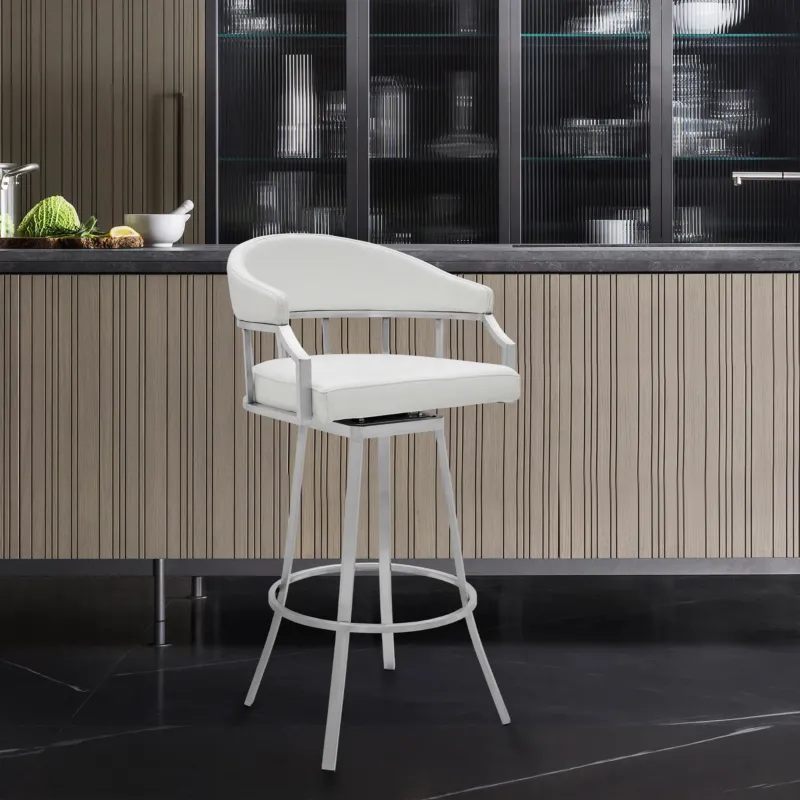 Valerie 26" Counter Height Swivel Modern White Faux Leather Bar and Counter Stool in Brushed Stainless Steel Finish By Armen Living | Counter Stools | Modishstore