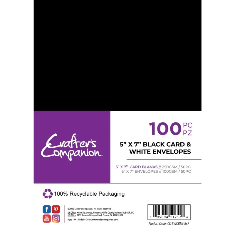 Crafter's Companion 5"x7" Black Card & White Envelopes (100)