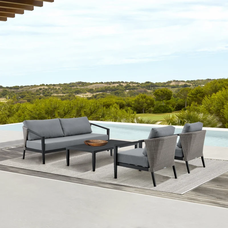 Aileen Outdoor Patio 4-Piece Lounge Set in Aluminum and Wicker with Grey Cushions By Armen Living | Outdoor Sofas, Loveseats & Sectionals | Modishstore