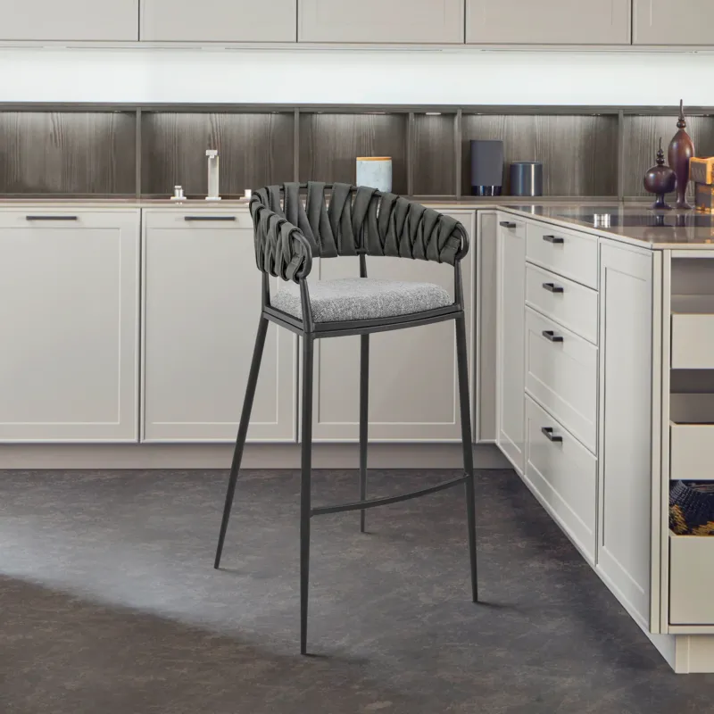 Vigona Bar Stool in Black Metal with Grey Fabric and Faux Leather By Armen Living | Bar Stools | Modishstore