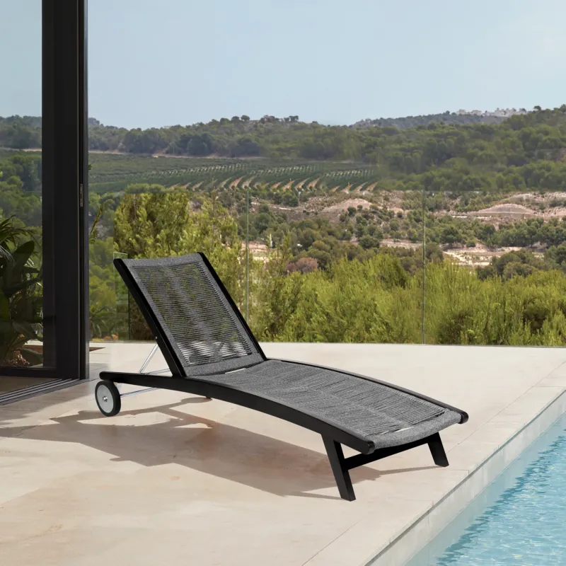 Chateau Outdoor Patio Adjustable Chaise Lounge Chair in Eucalyptus Wood and Grey Rope By Armen Living | Outdoor Chaise Lounges | Modishstore