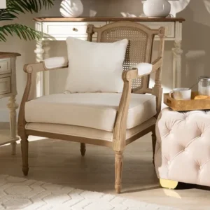 Baxton Studio Clemence French Provincial Ivory Fabric Upholstered Whitewashed Wood Armchair | Modishstore | Armchairs