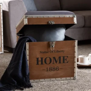 Baxton Studio Violetta Vintage Industrial Light Gray Fabric Upholstered Wood Storage Trunk Ottoman | Modishstore | Ottomans