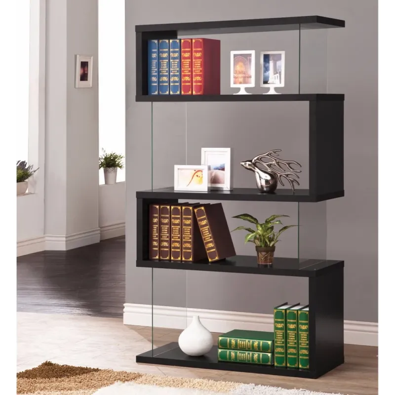 Asymmetrical Snaking Wooden Bookcase, Black By Benzara | Bookcases | Modishstore