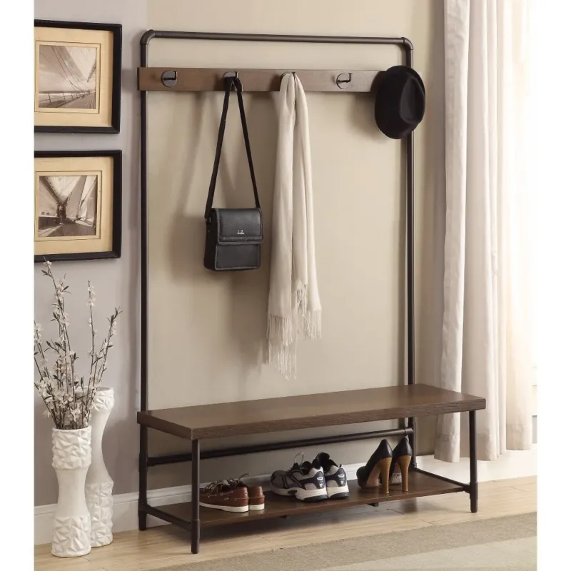 Industrial Inspired Pipe Designed Hall Tree With Built In Bench, Brown And Bronze By Benzara | Benches | Modishstore