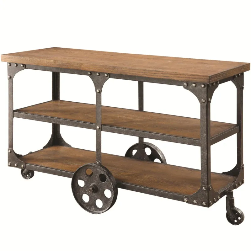 Industrial Style Solid Wooden Sofa Table With Metal Accents & Wheels, Brown By Benzara | Console Tables | Modishstore