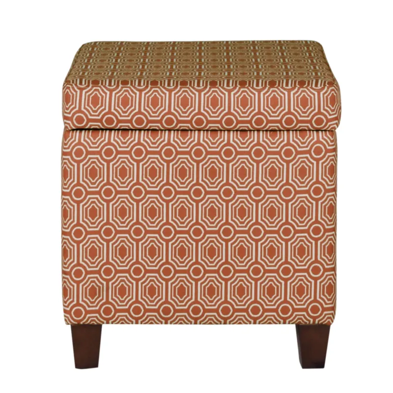 Geometric Patterned Square Wooden Ottoman With Lift Off Lid Storage, Orange And Cream By Benzara | Ottomans | Modishstore