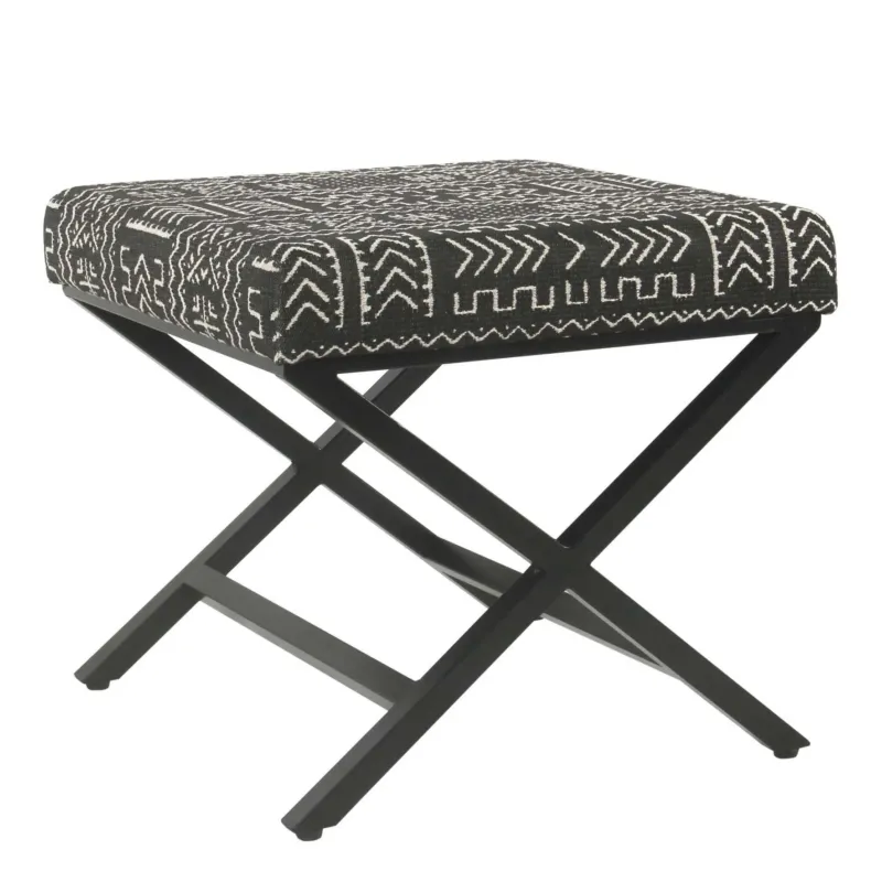 Tribal Pattern Fabric Upholstered Ottoman With X Shape Metal Legs, Black And Cream By Benzara | Ottomans | Modishstore