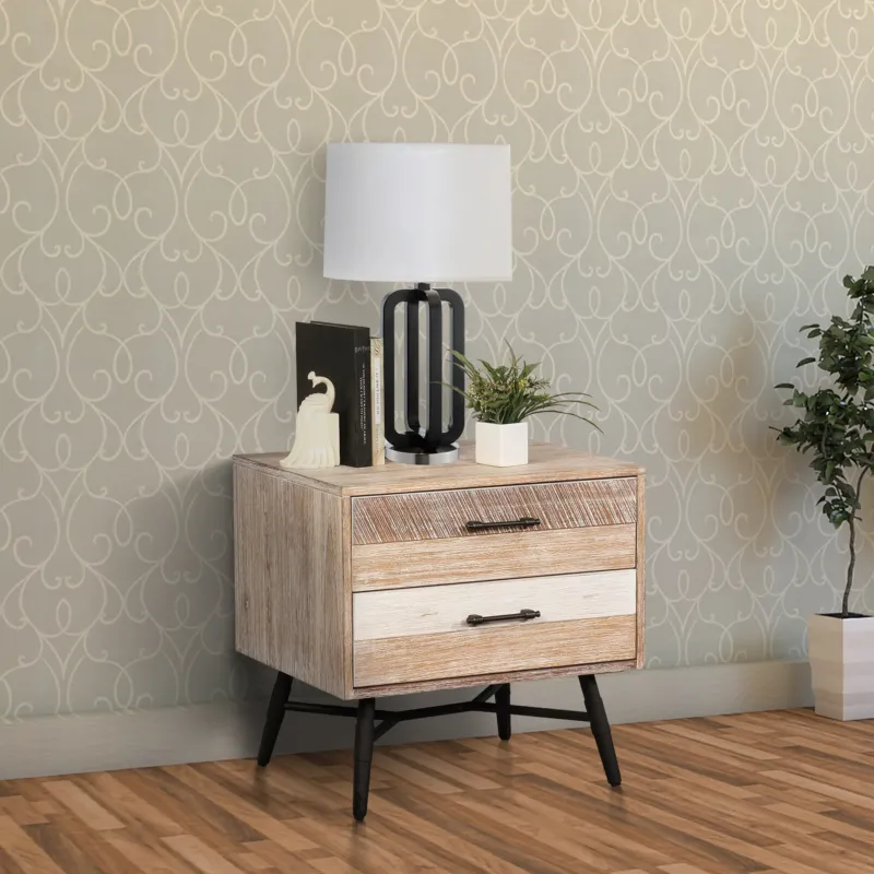 Two Drawer Wooden Nightstand With Metal Angled Legs, Brown And Black By Benzara | Nightstands | Modishstore