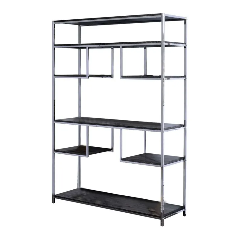 Etagere Bookshelf With 7 Shelves And Geometric Pattern,Silver And Dark Gray By Benzara | Bookcases | Modishstore