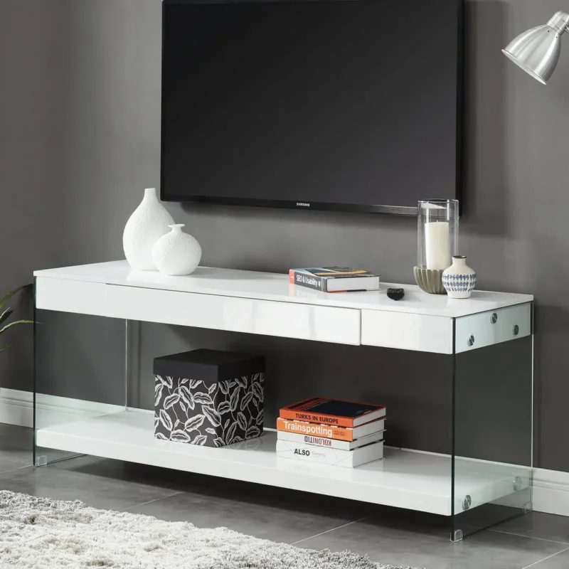 Contemporary Style Plastic Tv Stand With Glass Side Panels, White By Benzara | TV Stands | Modishstore