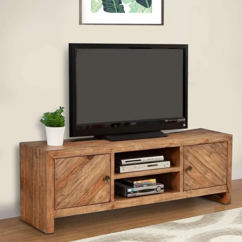 Wooden Tv Console With 2 Cabinets And Open Center Shelf, Weathered Brown By Benzara | Cabinets | Modishstore
