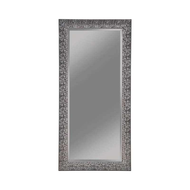 Rectangular Beveled Accent Floor Mirror With Glitter Mosaic Pattern, Gray By Benzara | Mirrors | Modishstore