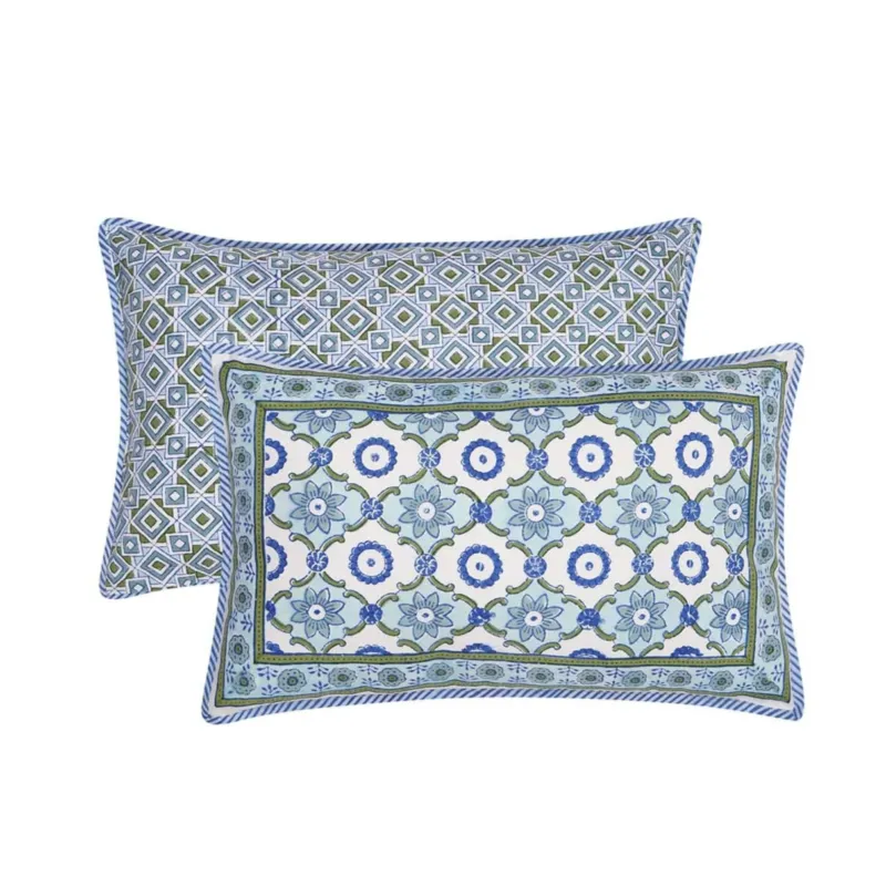 Block printed floral geometric Bela Cushion Cover in blues and greens