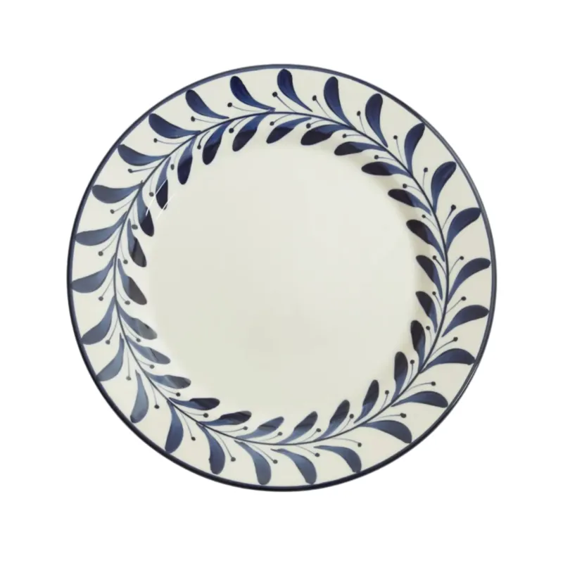 Helecho Dinner Plate Deep Blue — hand-painted fern wreath ceramic, main view