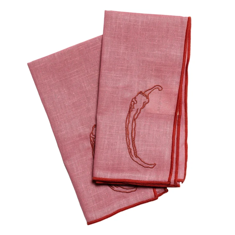 Linen Embroidered Napkins | 'Red Hot Chilli'