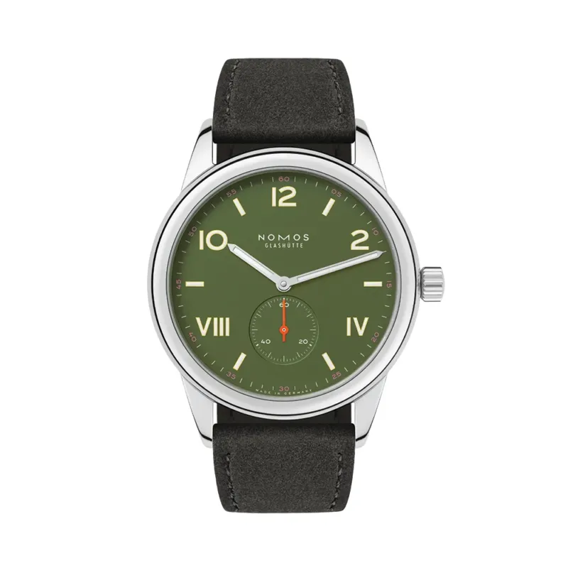 Olive green dial Nomos Club Campus watch with beige numerals on a dark leather strap