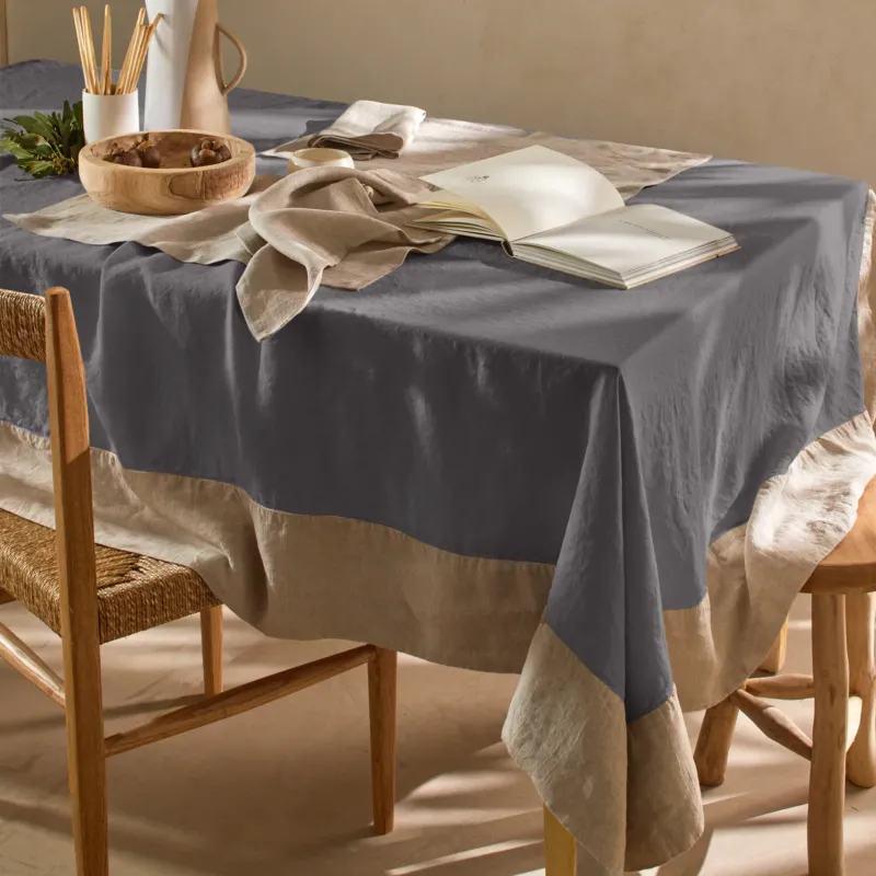 Nappe 100% Lin avec bordure contrastée gris plomb