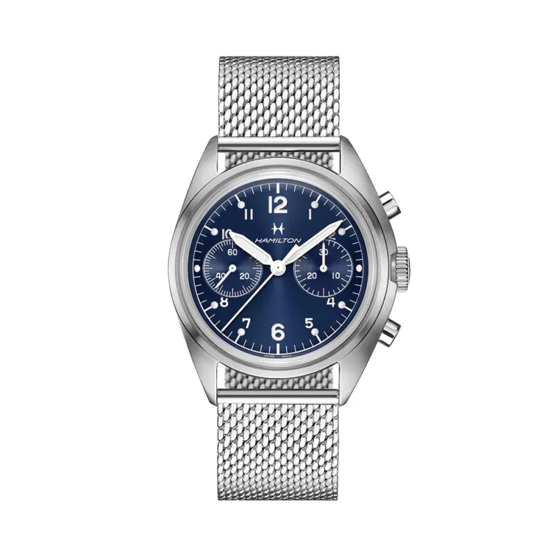 Khaki Aviation Pilot Pioneer Chrono blue dial on stainless steel mesh bracelet.
