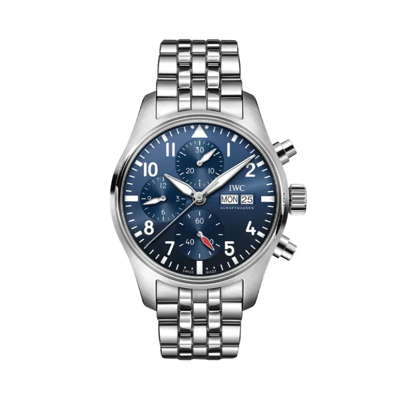 Blue dial Pilot's Watch Chronograph 41mm on stainless steel bracelet with three subdials and date window.