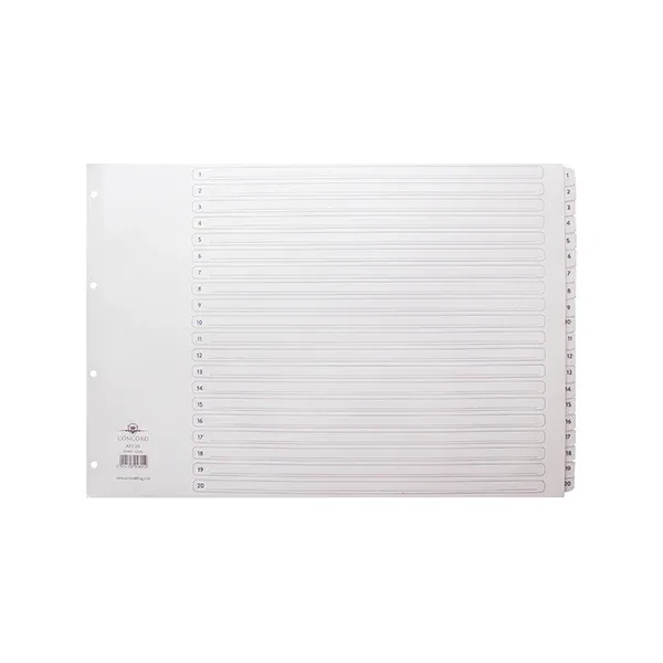 Concord Index 1-20 A3 White Board with Clear Mylar Tabs 04801/CS48