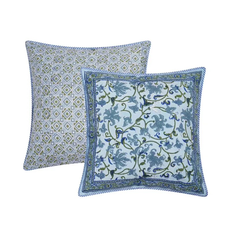 Block printed Jheel Cushion Cover in a trailing botanical design