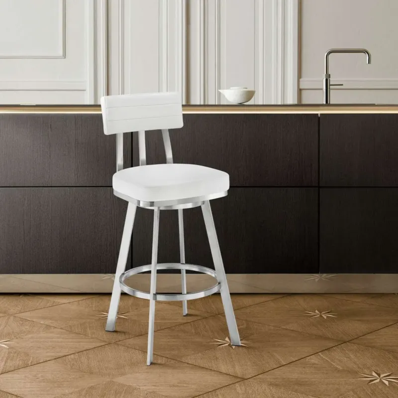 Benjamin 30" Swivel Bar Stool in Brushed Stainless Steel with White Faux Leather By Armen Living | Bar Stools | Modishstore