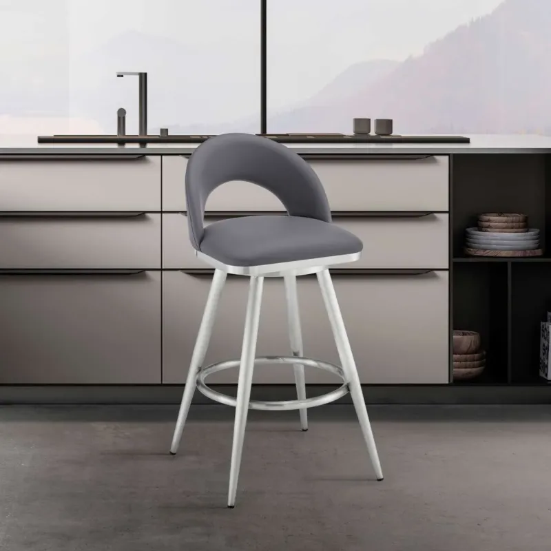 Charlotte 30" Swivel Bar Stool in Brushed Stainless Steel with Gray Faux Leather By Armen Living | Bar Stools | Modishstore