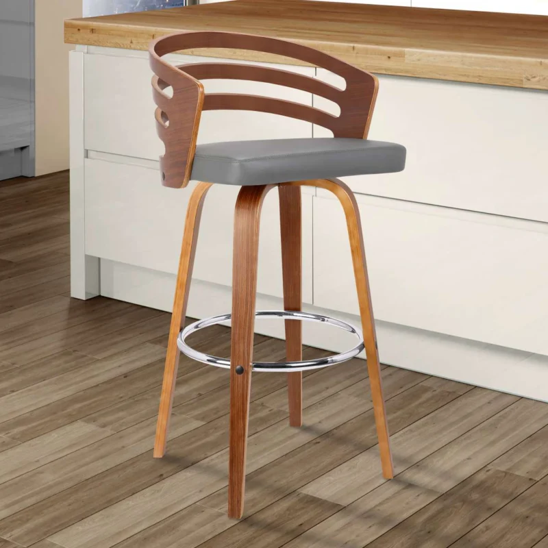 Jayden 26" Counter Height Swivel Grey Faux Leather and Walnut Wood Bar Stool By Armen Living | Bar Stools | Modishstore