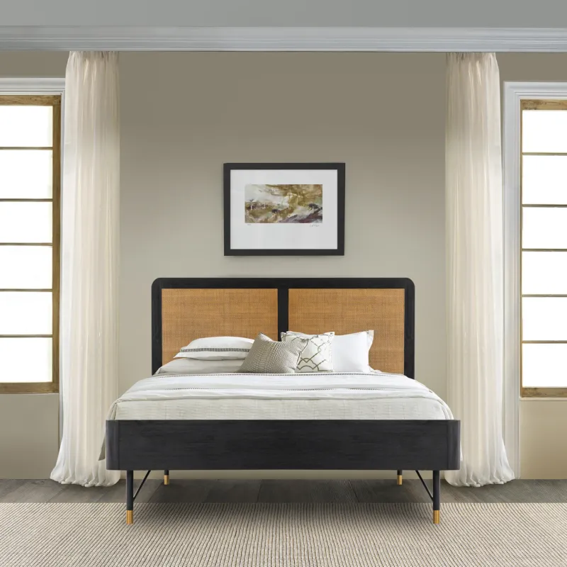 Saratoga Queen Platform Frame Bed in Black Acacia with Rattan Headboard By Armen Living | Beds | Modishstore
