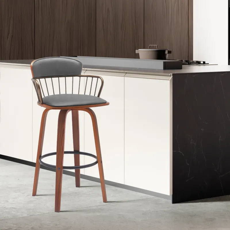 Willow 25.5" Swivel Walnut Wood Counter Stool in Gray Faux Leather with Golden Bronze Metal By Armen Living | Bar Stools | Modishstore